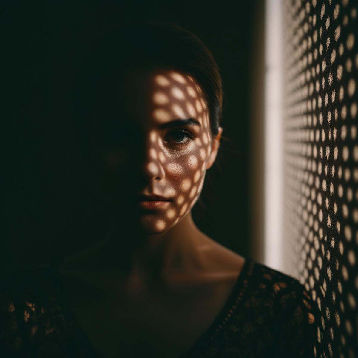 cinematic film still of a woman with a shadow on her face casting shadow style cucoloris patterned illumination,  shallow...