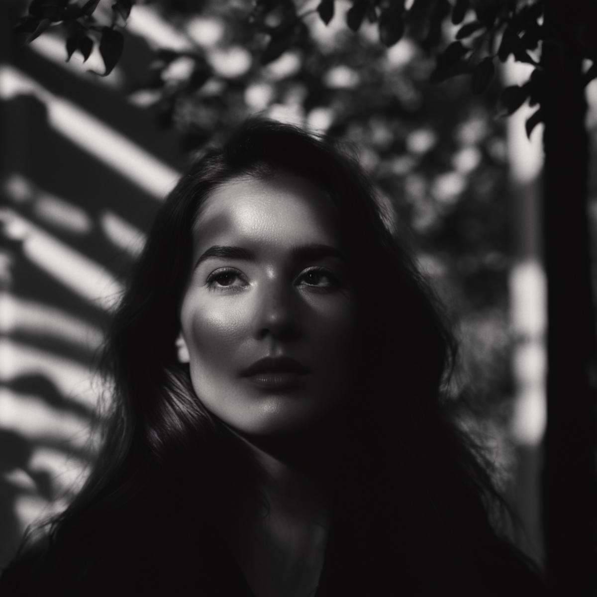 cinematic film still of A cucoloris patterned illumination casting a tree branch shadow on a modeling woman with long hair...