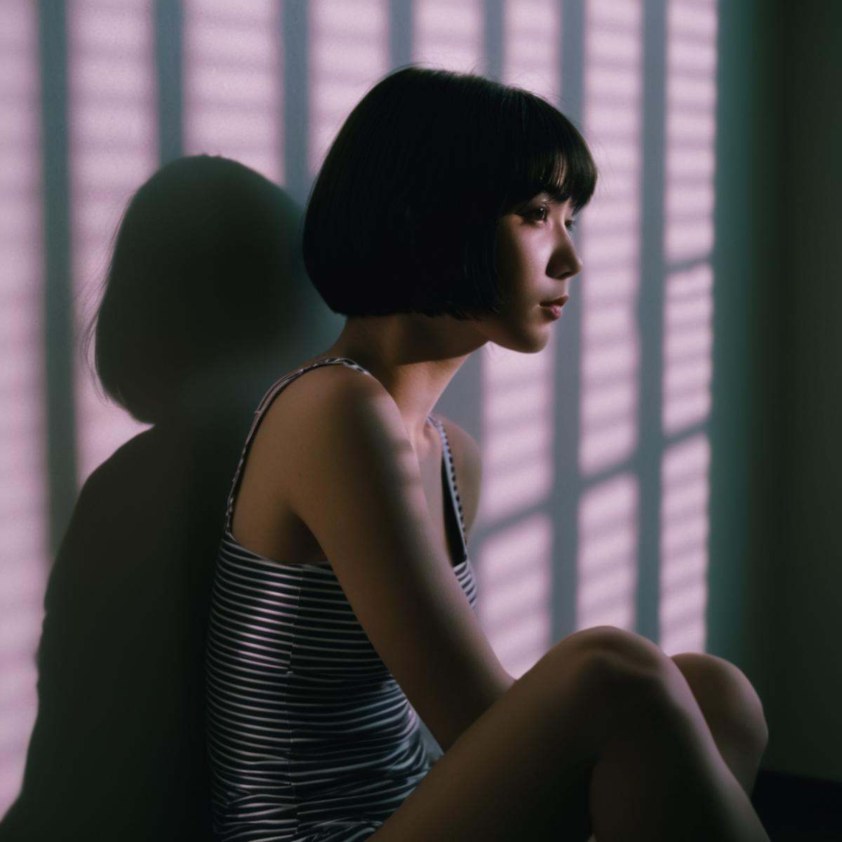 cinematic film still of A cucoloris patterned illumination casting a horizontal shadow on a woman sitting on a ledge in a...