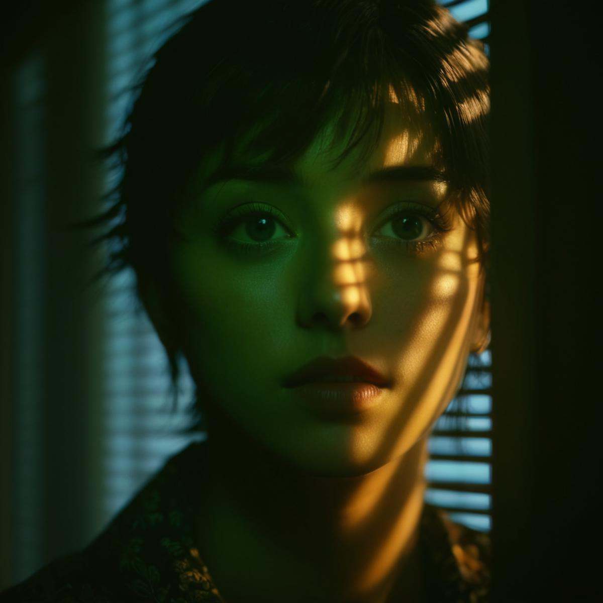 anime artwork of A cucoloris patterned illumination casting a tree branch shadow on a light shines through a window in a d...