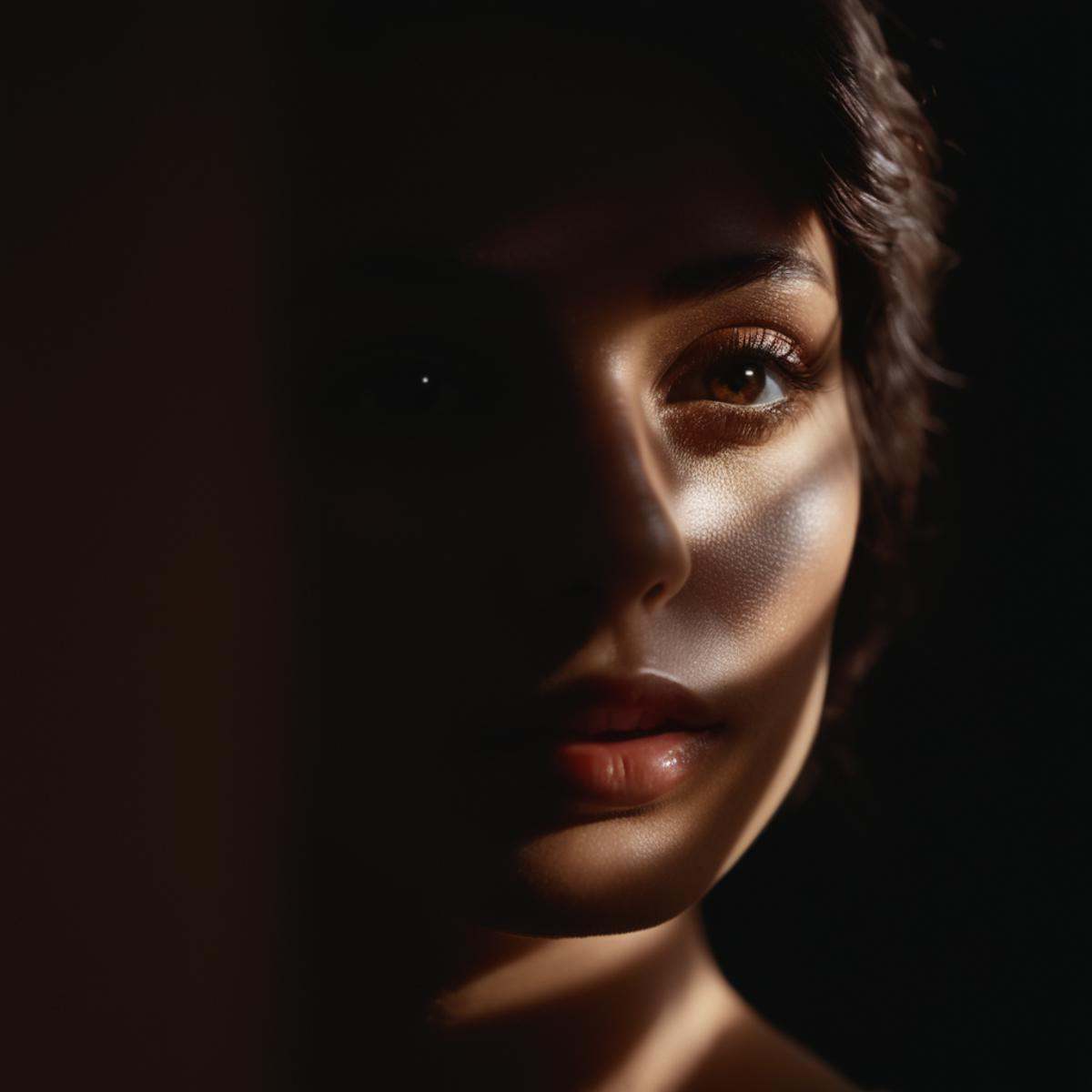 cinematic film still of A cucoloris patterned illumination casting a unique custom shape diagonal shadow on a woman with a...
