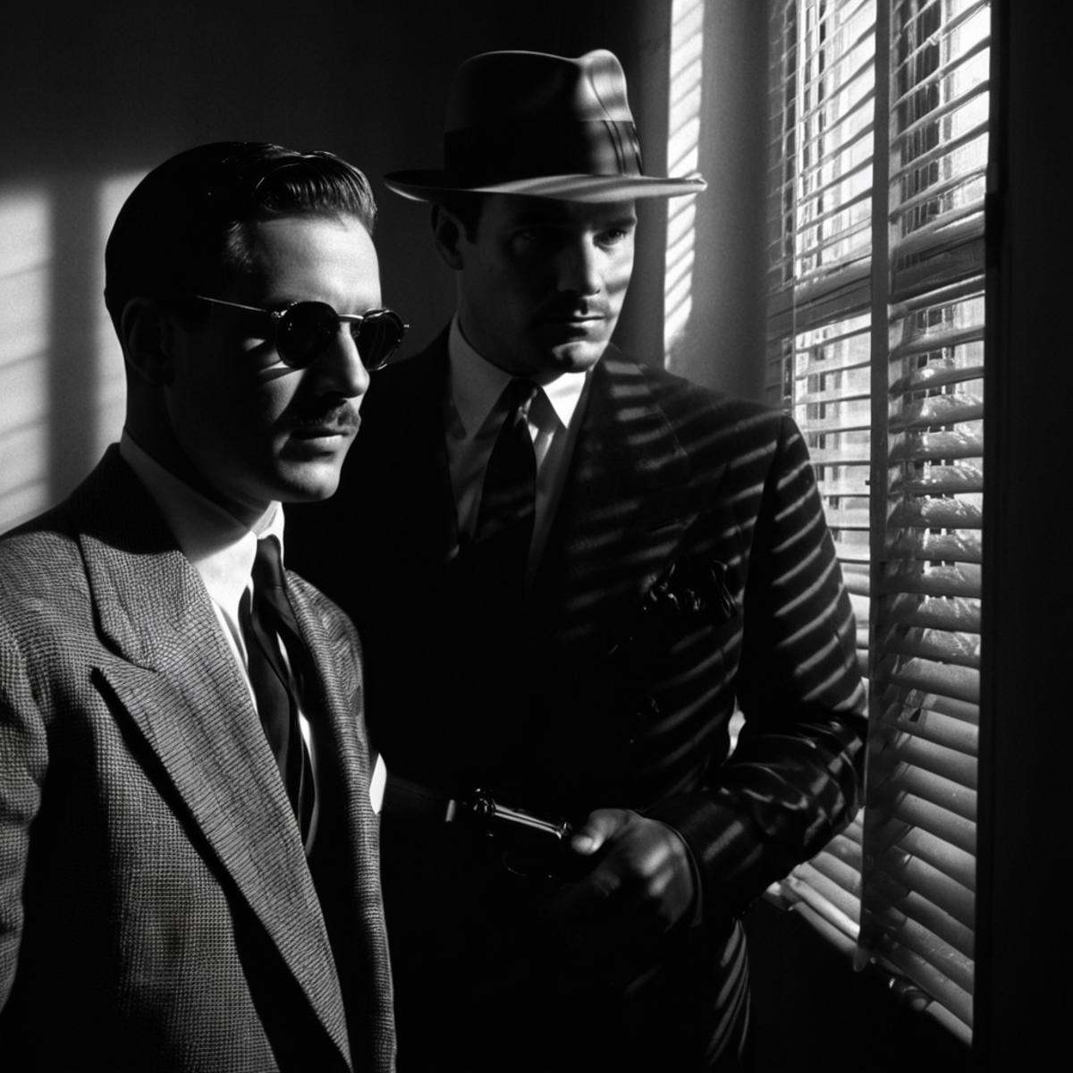 Film noir style,  A cucoloris patterned illumination casting a window diagonal shadow on two men in suits and hats are tal...