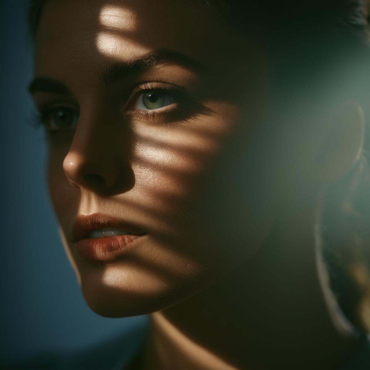 cinematic film still of A cucoloris patterned illumination casting a horizontal rectangle strip shadow on a woman with a h...
