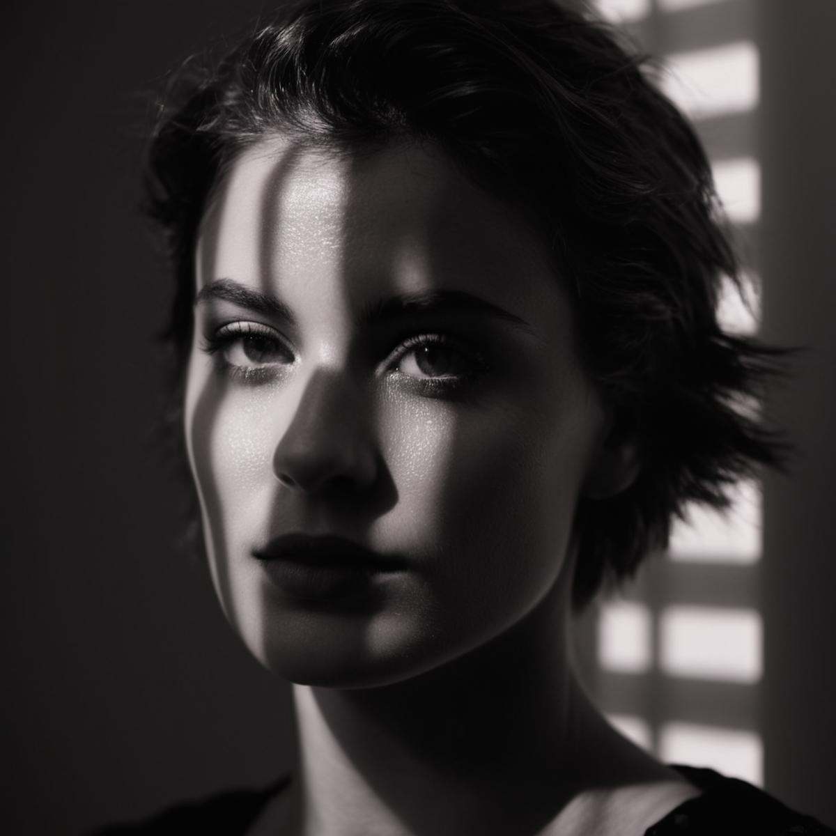 cinematic film still of A cucoloris patterned illumination casting a horizontal rectangle strip shadow on a woman with a h...