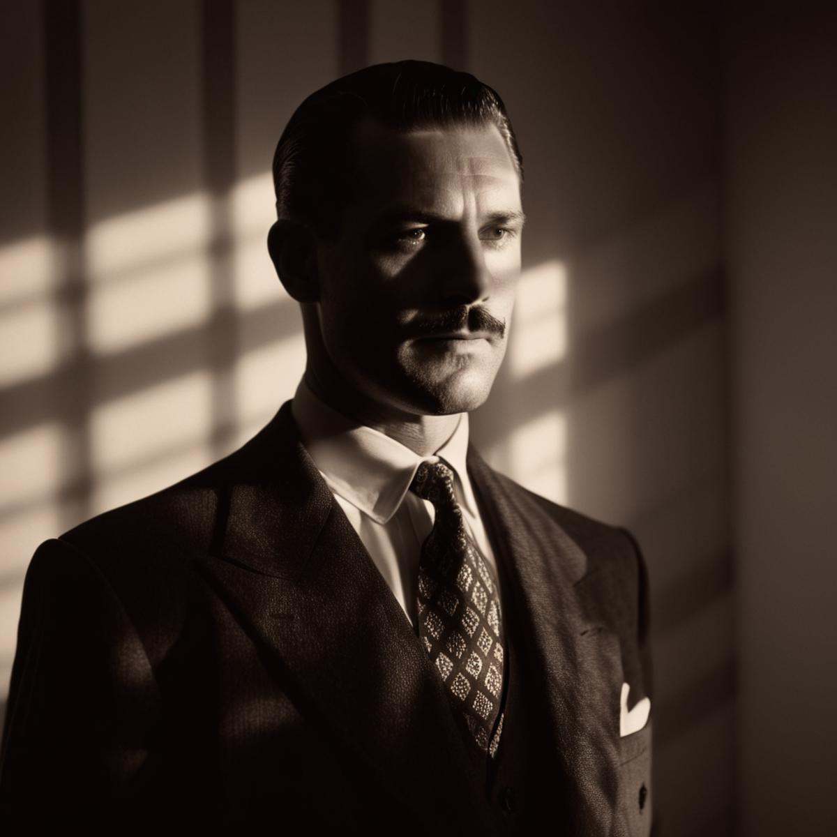 cinematic film still of A cucoloris patterned illumination casting a diagonal shadow on a 1940'sman in a suit and tie stan...