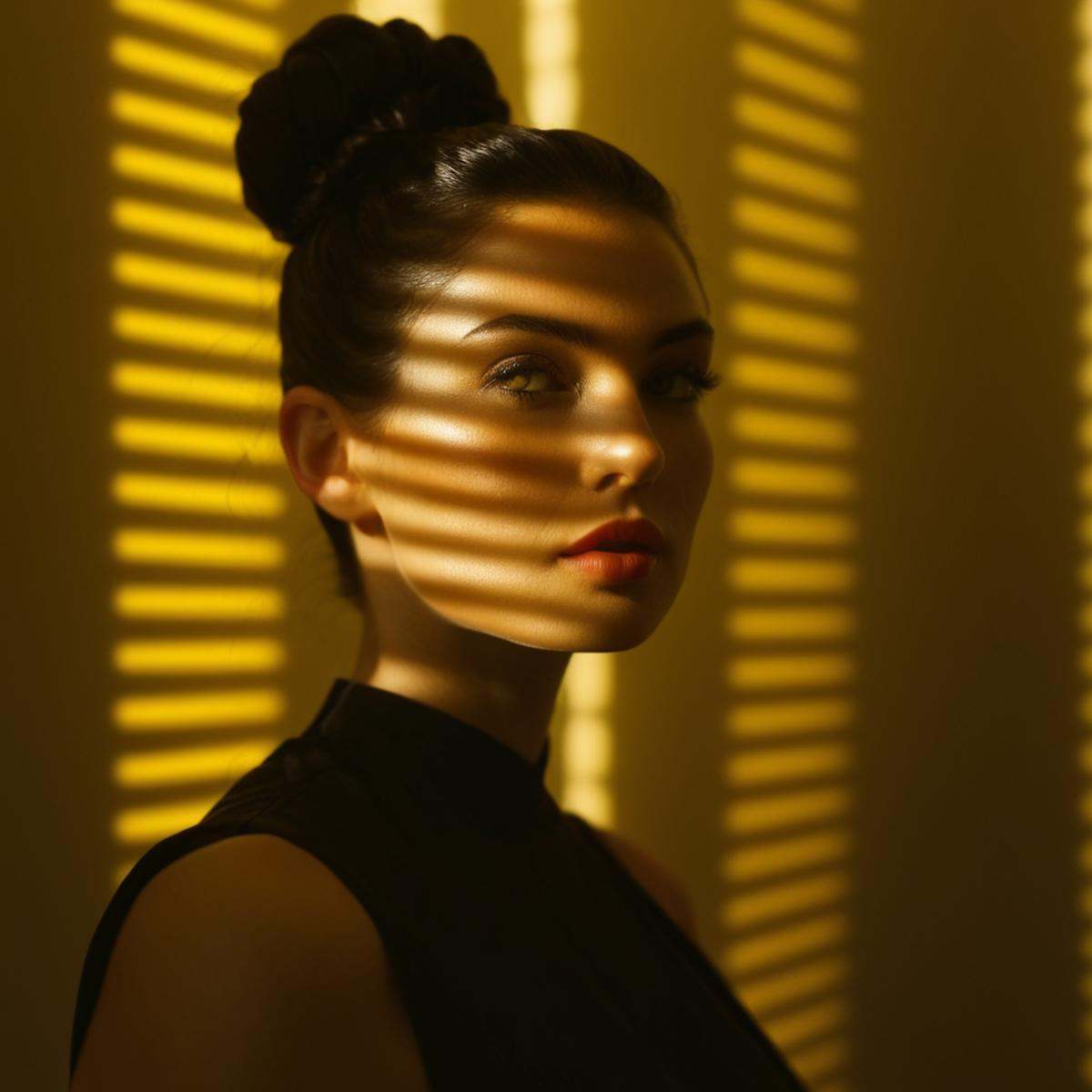 cinematic film still of A cucoloris patterned illumination casting a large diagonal bar shadow on a modeling woman with a...