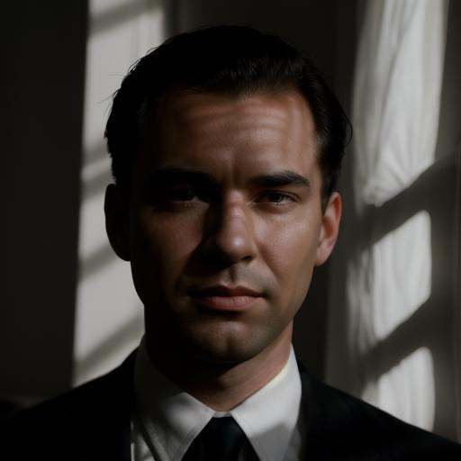 A cucoloris patterned illumination casting a horizontal shadow on a 1965's man in a suit and tie sitting in a chair,  shor...
