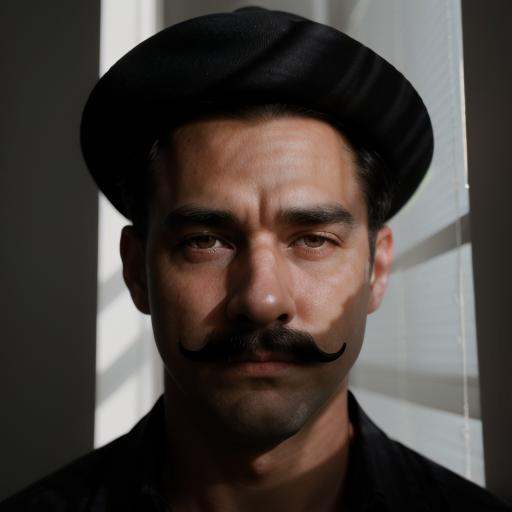 A cucoloris patterned illumination casting a horizontal shadow on a man with a 1950's mustache and a moustache stares out...