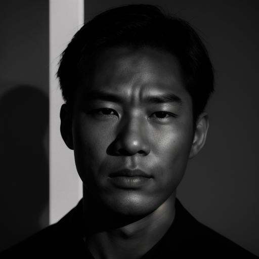 A cucoloris patterned illumination casting a venetian blinds shadow on a Asian Japanese man with a black shirt and a black...