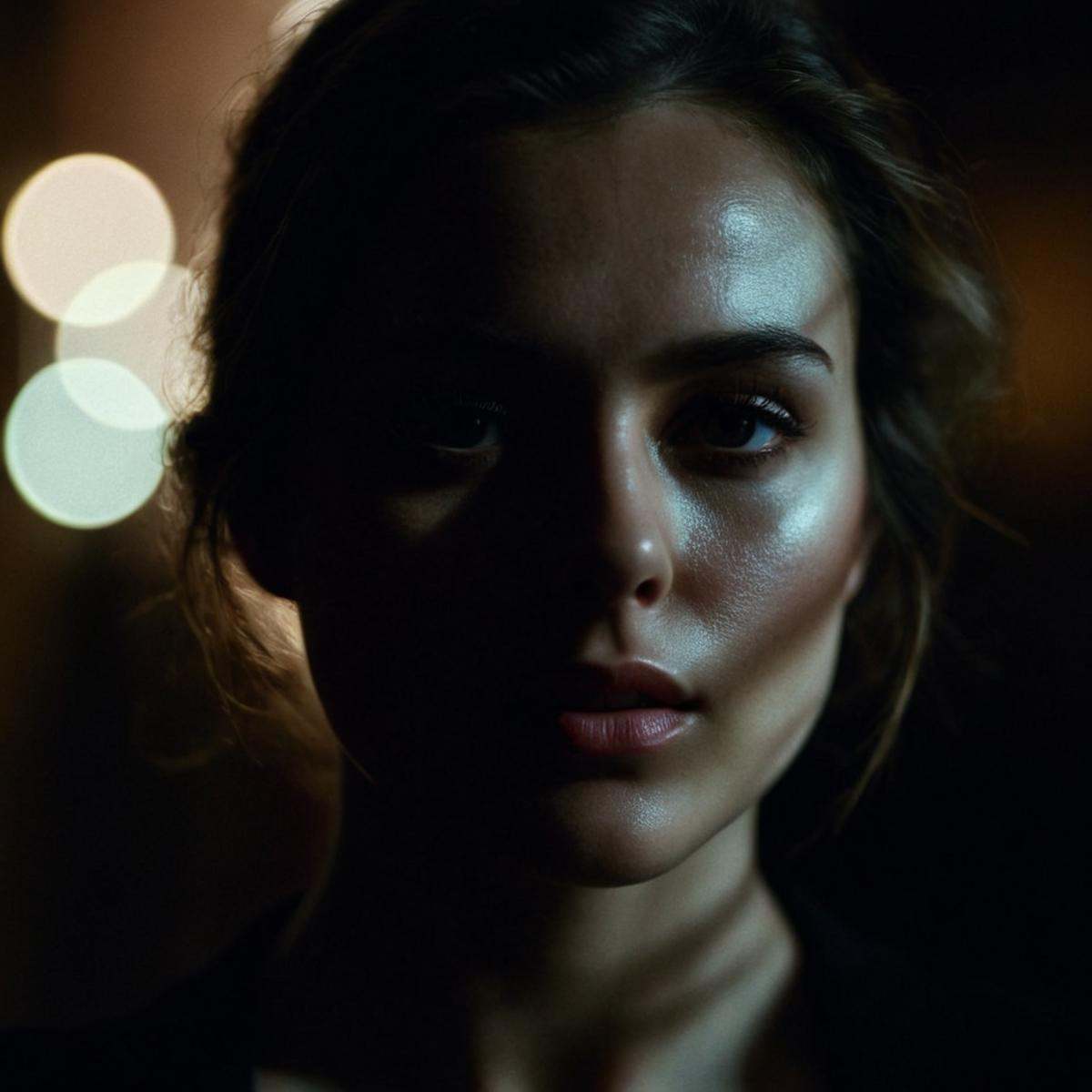 cinematic film still of perfection style detailed a woman with horizontal thick shadow light on her face in the dark,  cas...