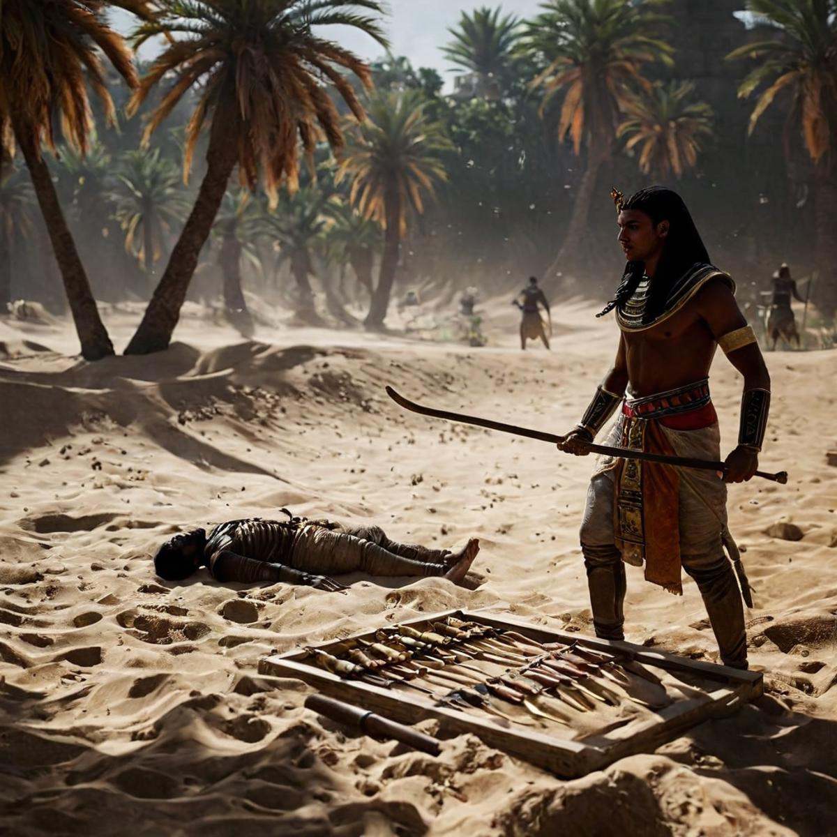 cinematic film still of 0 realism perfect Unreal Engine style Chiaroscuro Lighting Style Long time ago In ancient Egypt,...