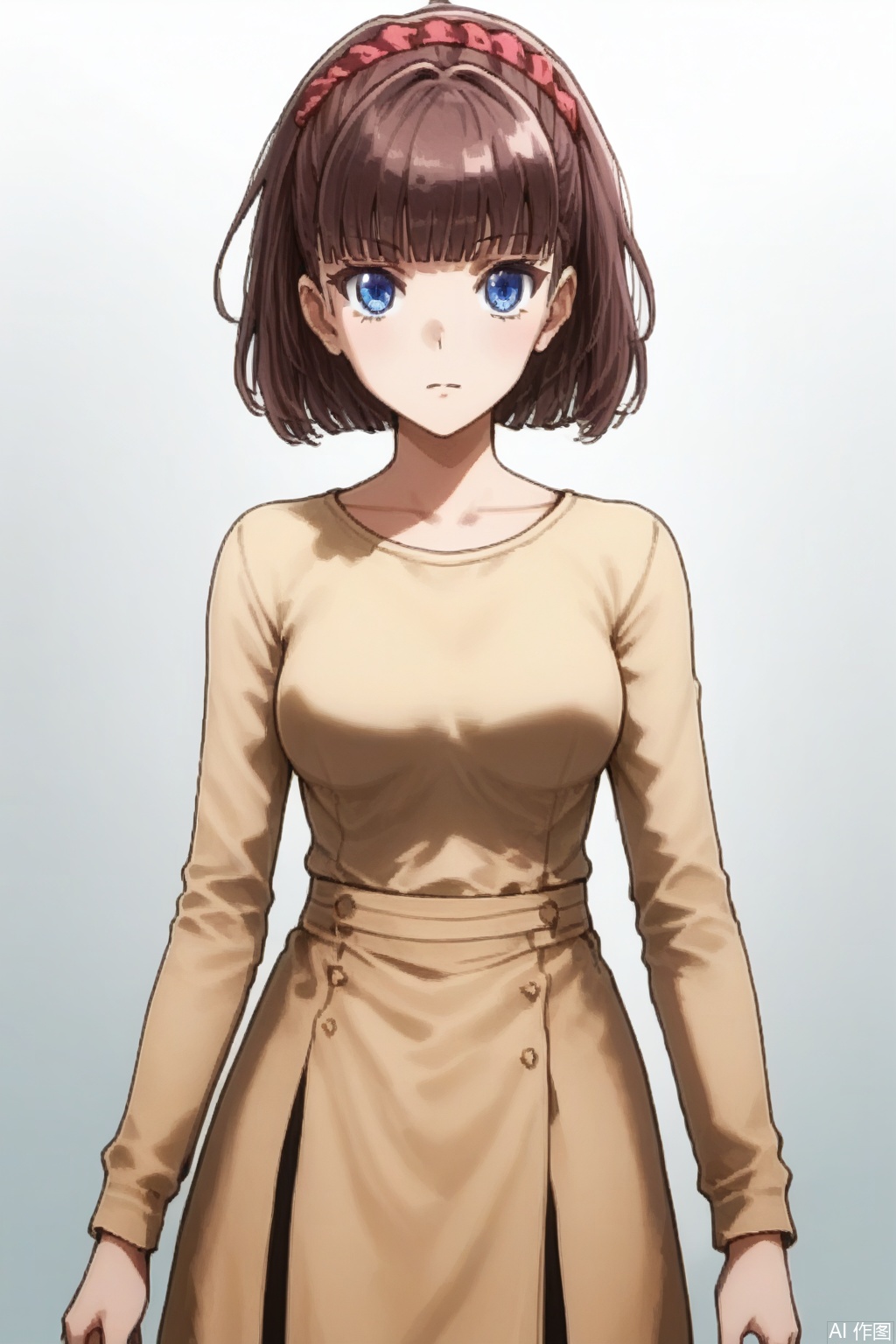 masterpiece, best quality,solo,((white background:1.2)),simple background,
looking at viewer,rii,1girl, looking at viewer, blue eyes, brown hair, short hair, hair ornament, hair scrunchie