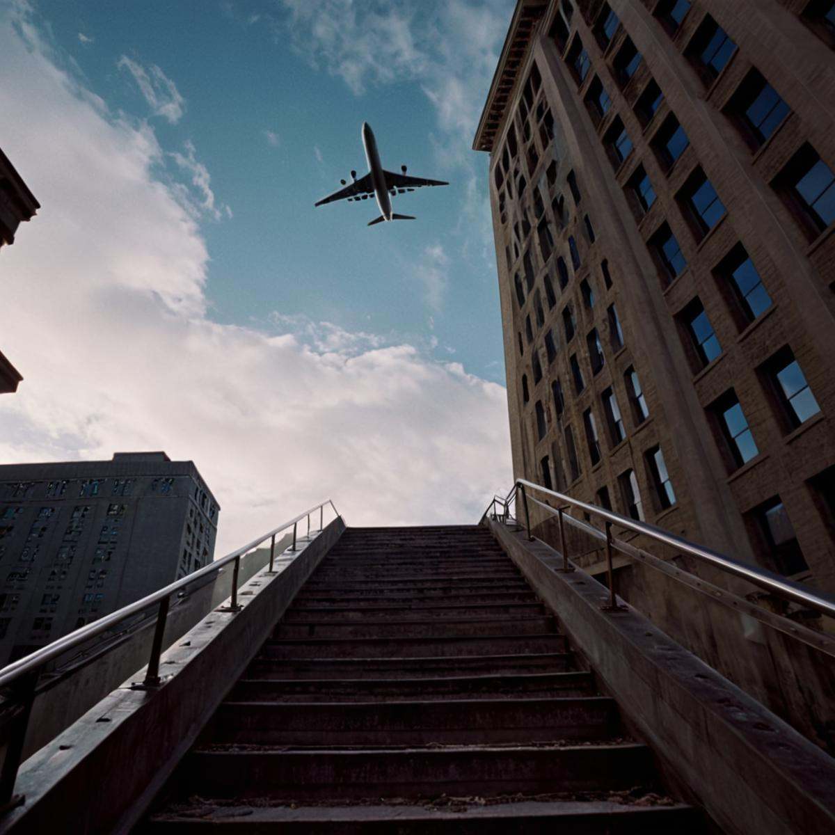 cinematic film still of 1 realism perfect Chiaroscuro Lighting Style Low Angle From Below a plane flying over a building i...