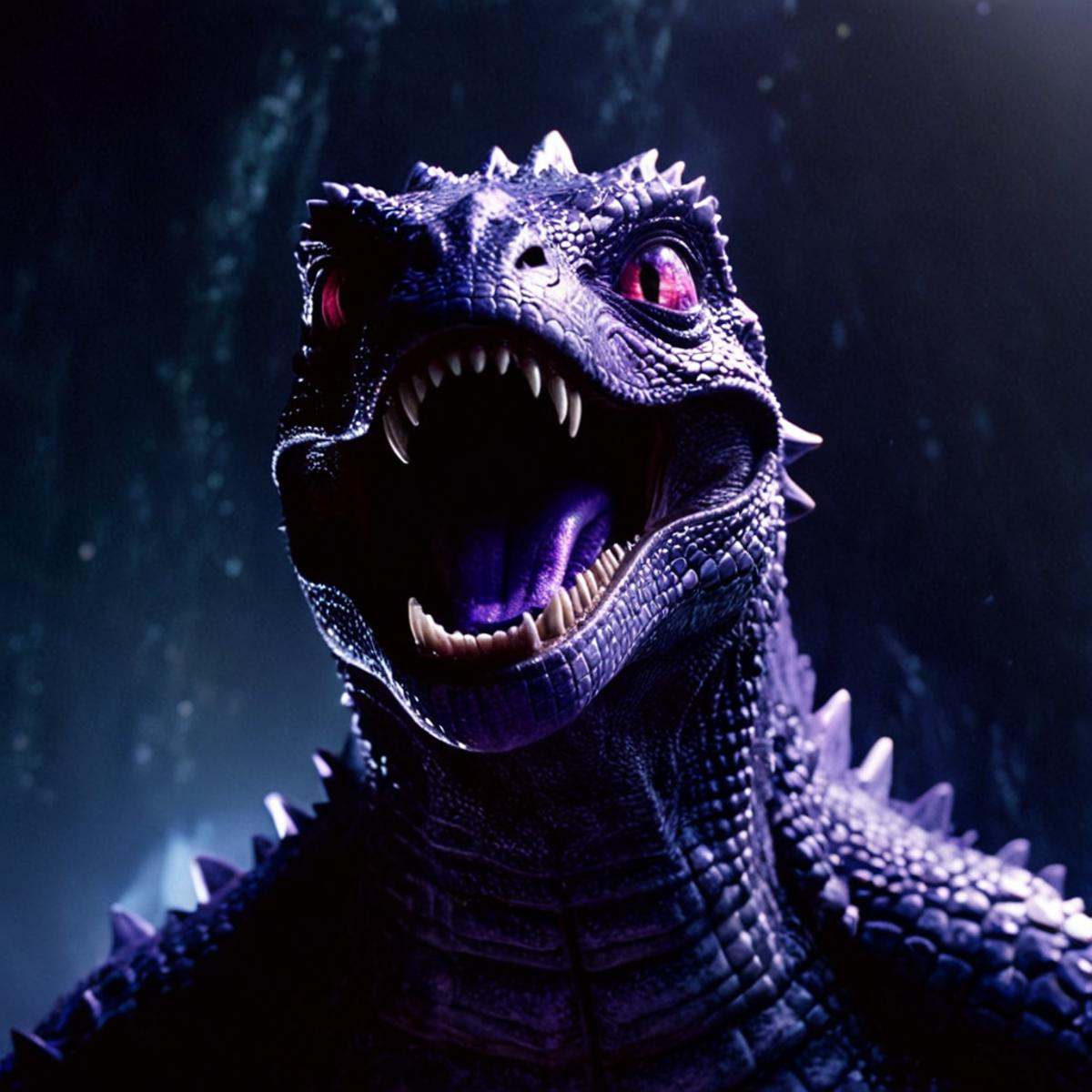 cinematic film still of 1 realism perfect Chiaroscuro Lighting Style Low Angle From Below a purple alien creature with a g...