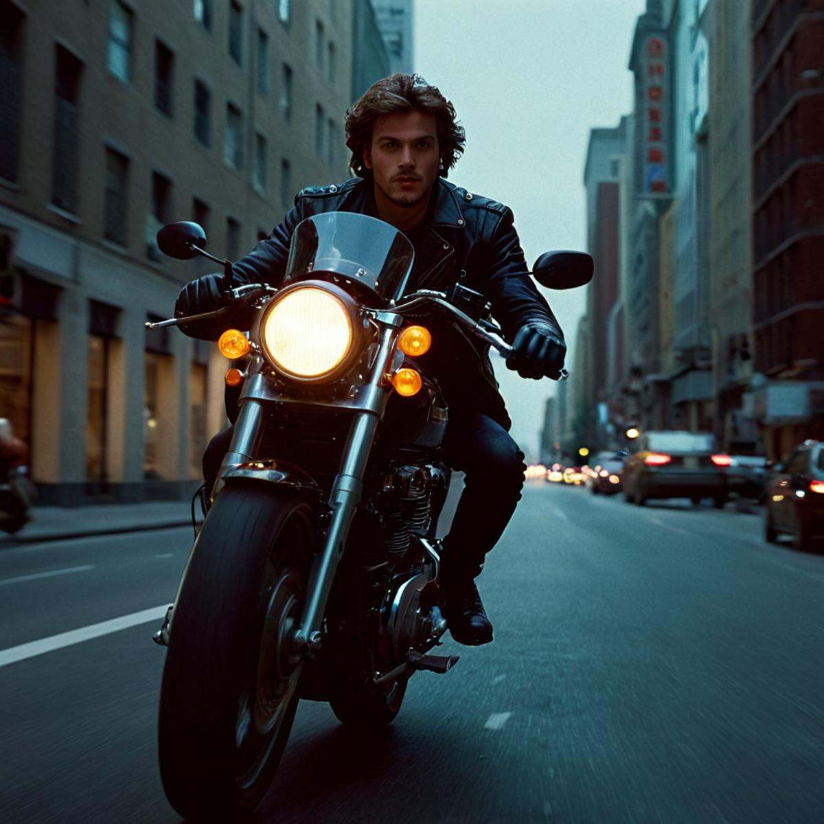 cinematic film still of 1 realism perfect Chiaroscuro Lighting Style Low Angle a man From Below riding a motorcycle From B...