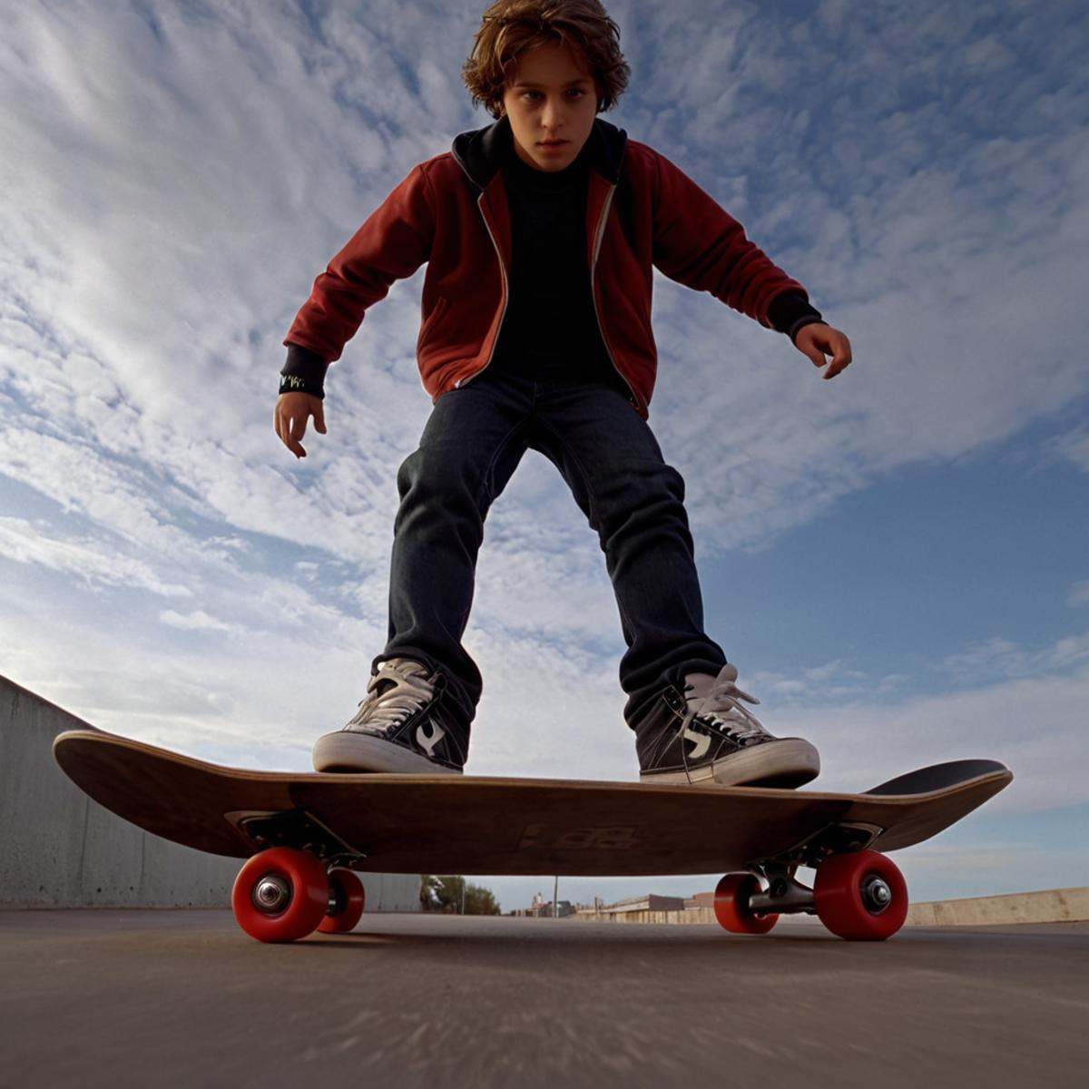 cinematic film still of 1 realism perfect Chiaroscuro Lighting Style Low Angle From Below a man riding a skateboard up the...