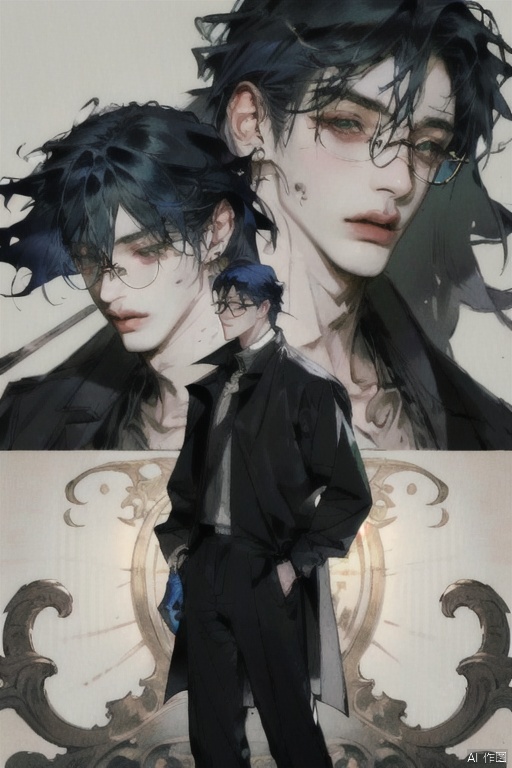  super realistic,best quality,insane details, intricate details, hyperdetailed, hyper quality, high detail, ultra detailed, Masterpiece,depth of field, Ultra High Quality, (masterpiece:1.2), best quality,realistic,midjourney,1boy, gloves, male focus, quill, glasses, jewelry, earrings, eyewear strap, white background, deep blue hair, monocle, holding, black gloves, short hair, hand in pocket, book, shirt, long sleeves, simple background, looking at viewer, tassel, hair between eyes, multiple views, lamp, bangs, collared shirt, paper, single earring, coat, pants, black coat, round eyewear, closed mouth, solo , a boy with deep blue hair_long hair_hanfu, Detail,green eyes, jingxuan