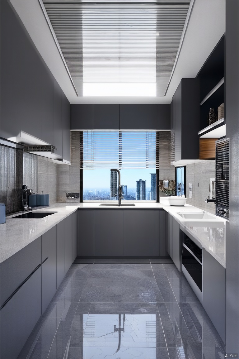 sky, day, indoors, blue sky, no humans, window, building, scenery, tiles, cityscape, tile floor, bathroom, shelf, kitchen, sink, ceiling light, faucet, cabinet, blinds