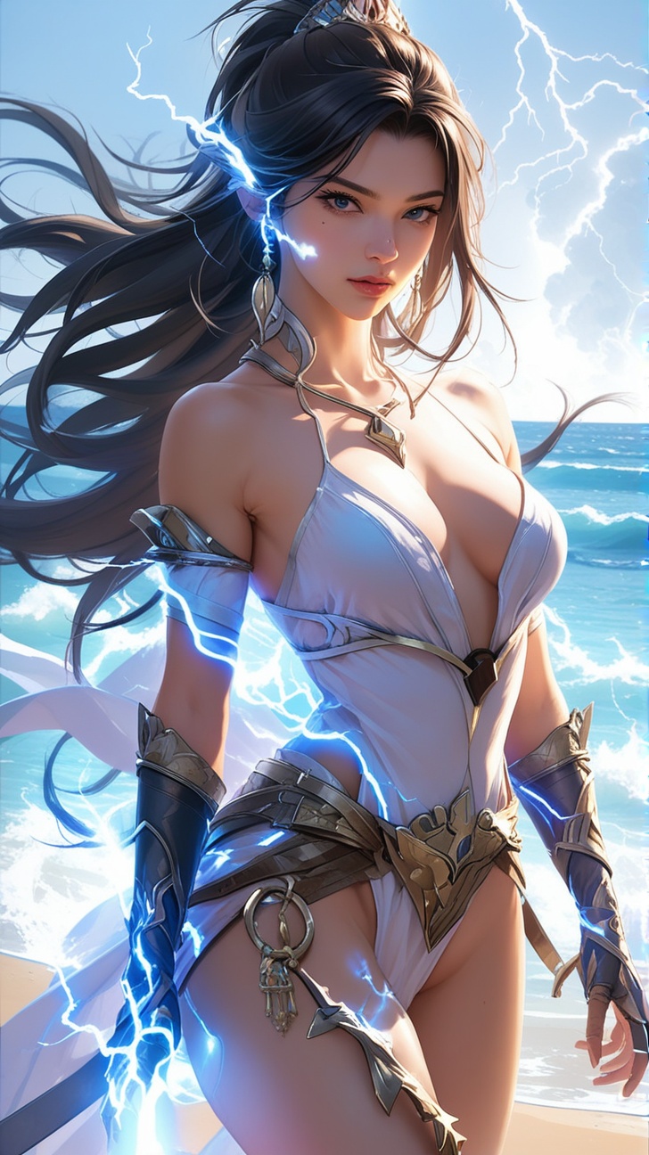 a beautiful lightning magic sorceress \(ek_ge1tng\),detailed exquisite face,lightning elemental effect,lightning weapon,ek_game_3ffect,dynamic pose,simple background,blurry ocean beach  background,dynamic angle,anime style by ghibli,detailed,ek_ph0t0_b00ster,ek_an1_b00ster,very sexy