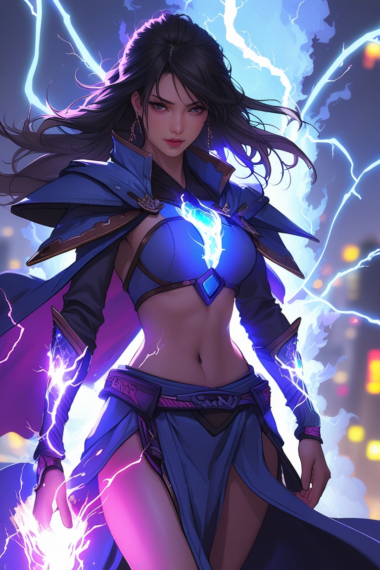 a beautiful lightning magic sorceress \(ek_ge1tng\),detailed exquisite face,lightning elemental effect,lightning weapon,ek_game_3ffect,dynamic pose,simple background,blurry city background,dynamic angle,anime style by ghibli,detailed,ek_ph0t0_b00ster,ek_an1_b00ster