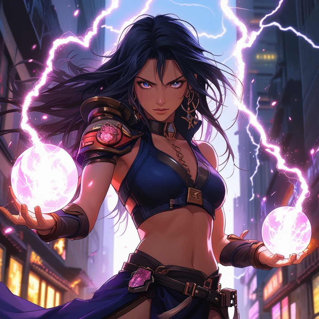 a beautiful lightning magic sorceress \(ek_ge1tng\),detailed exquisite face,lightning elemental effect,lightning weapon,ek_game_3ffect,dynamic pose,blurry city street background,dynamic angle,anime style by ghibli,detailed,ek_ph0t0_b00ster,ek_an1_b00ster,sexy pose,lightning balls in both hands,close up