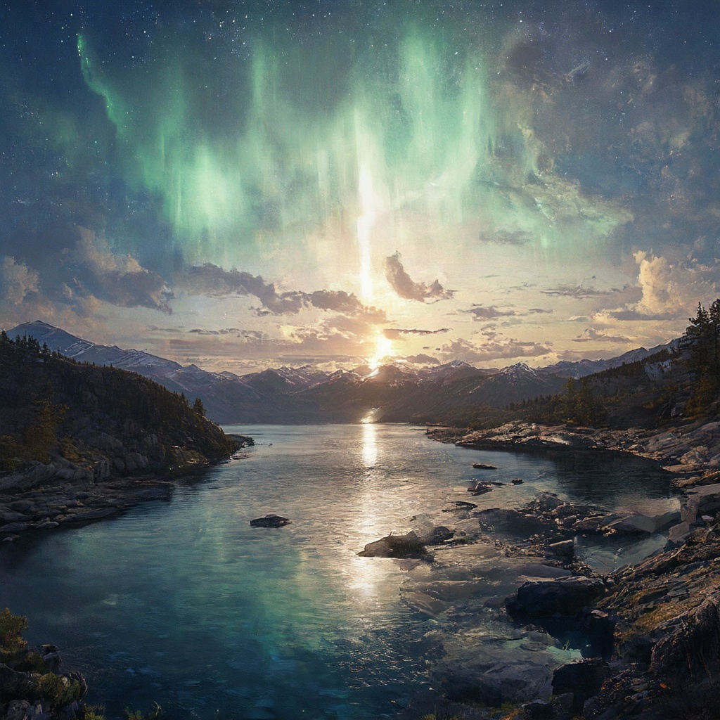 masterpiece, best quality, aesthetic, moonlit lakes, auroras,noc-futuristic