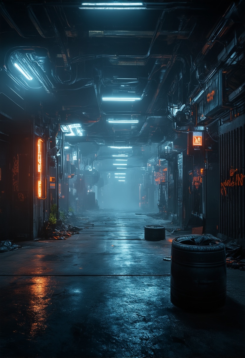 Create a high-resolution image in the style of Cyberpunk 2077, depicting a dystopian, nocturnal scene in a futuristic alleyway. The setting features neon lights illuminating industrial equipment, computer servers, and steel beams. The concrete floor is littered with abandoned tires and trash bags, covered in graffiti reflecting urban neglect. The atmosphere is foggy and overcast, with heavy shadows and a cool color palette of blue and orange. Metallic surfaces are highly textured with ambient occlusion, and electrical cables hang low, alongside caution signs and glowing screens. The alleyway shows signs of plant overgrowth and rusted barrels, with moody lighting and subtle lens flares enhancing the post-apocalyptic vibe. The scene is rich in environmental storytelling, capturing the essence of atmospheric pollution and the impact of artificial intelligence in a dimly lit, industrial architecture setting.,masterpiece,best quality,4k resolution,highly detailed,cyberpunk 2077 style,cyberpunk style,3d render,ultra sharp,noc-futuristic