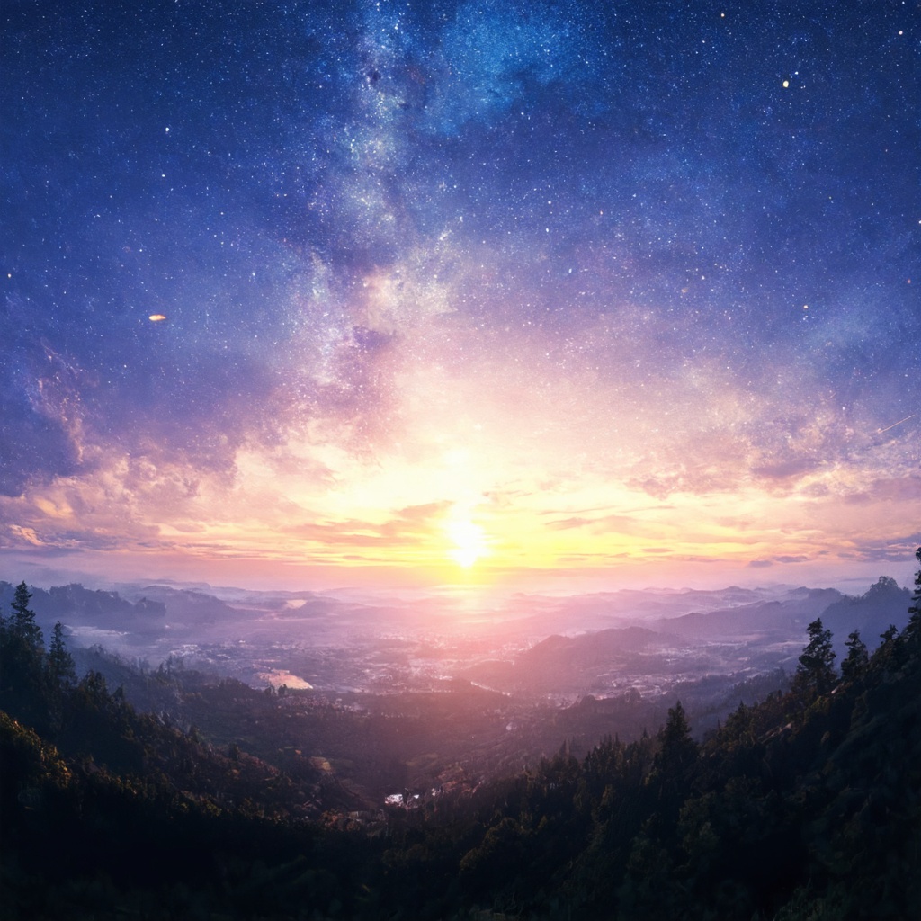 Dawn, intricate, recognizing the land, into the forest, only light of the stars, wonderful sky, view from the low, deep background, cinematic light. dynamic light,