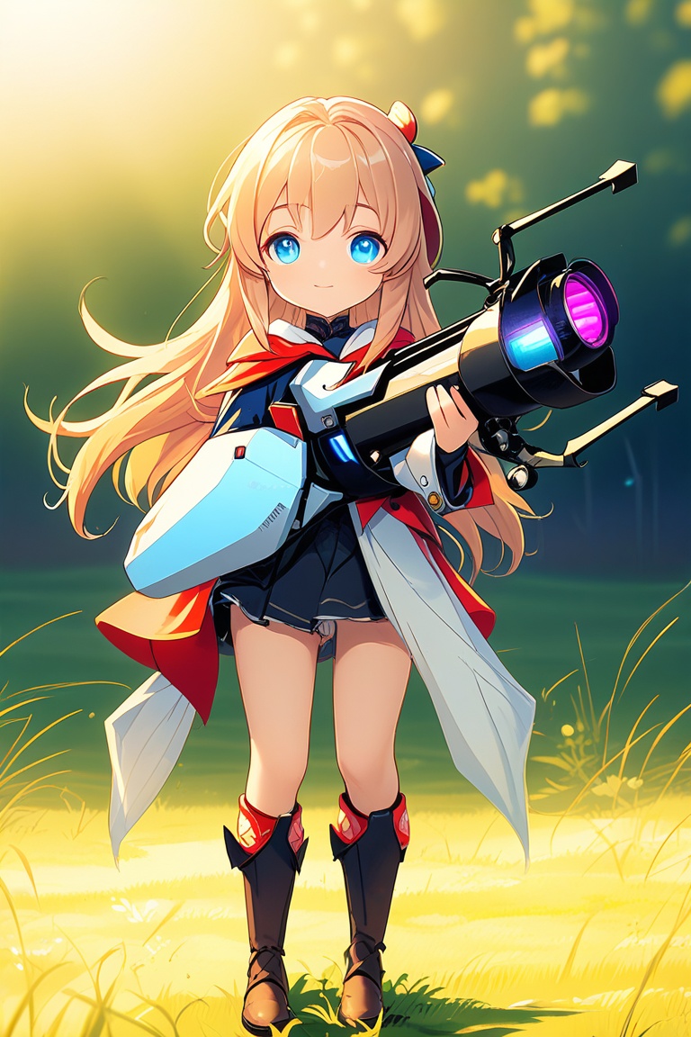 A young girl stands confidently in a bright,  sunny meadow,  her bright blue eyes fixed on something ahead. She holds a ap...
