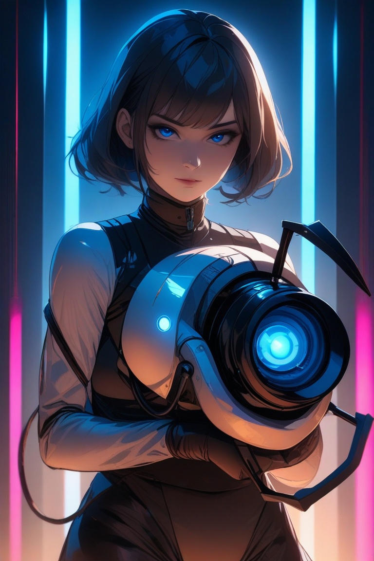 A cinematic sci-fi portrait of a girl holding apportalgun,  framed by a dimly lit metallic backdrop with neon blue accents...