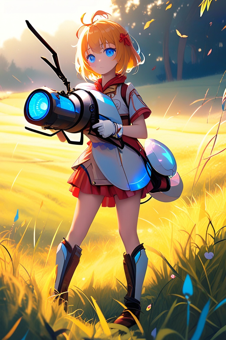 A young girl stands confidently in a bright,  sunny meadow,  her bright blue eyes fixed on something ahead. She holds a ap...