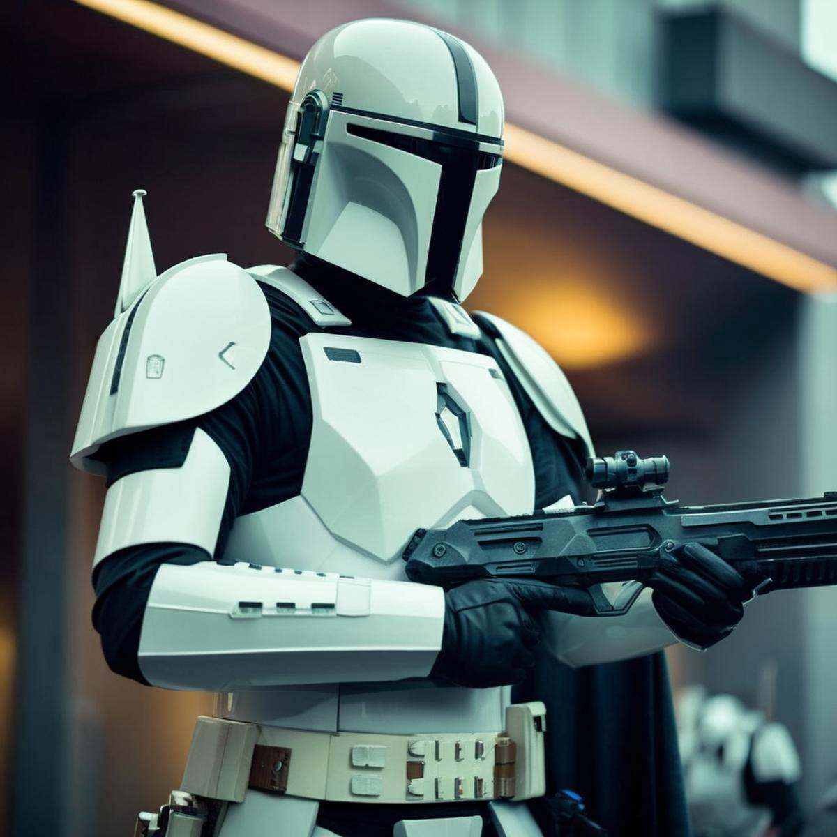 cinematic film still of in star wars universe a blonde white man in a futuristic suit with a gun Mandalorian style,  shall...