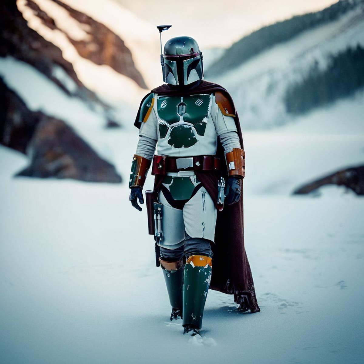 cinematic film still of in star wars universe a man dressed in a boba fett costume standing in the snow Mandalorian style,...