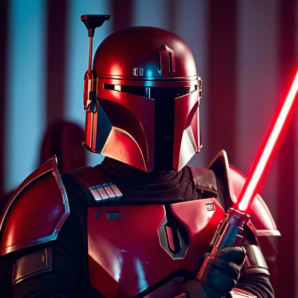 cinematic film still of in star wars universe a man in a red helmet and a red light saber Mandalorian style,  shallow dept...