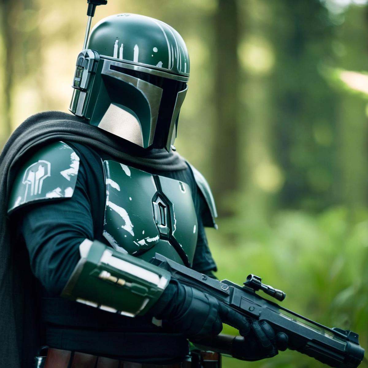 cinematic film still of in star wars universe a man in a green helmet and armor holding a gun Mandalorian style,  shallow...