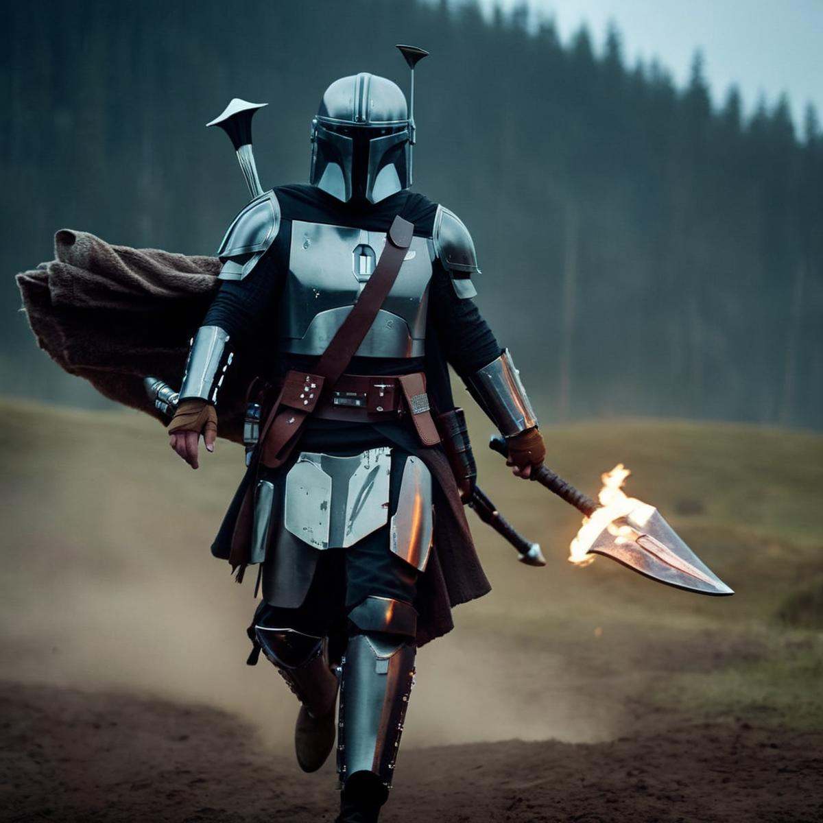 cinematic film still of in star wars universe a man in viking armor riding a horse with two viking axes Mandalorian style,...