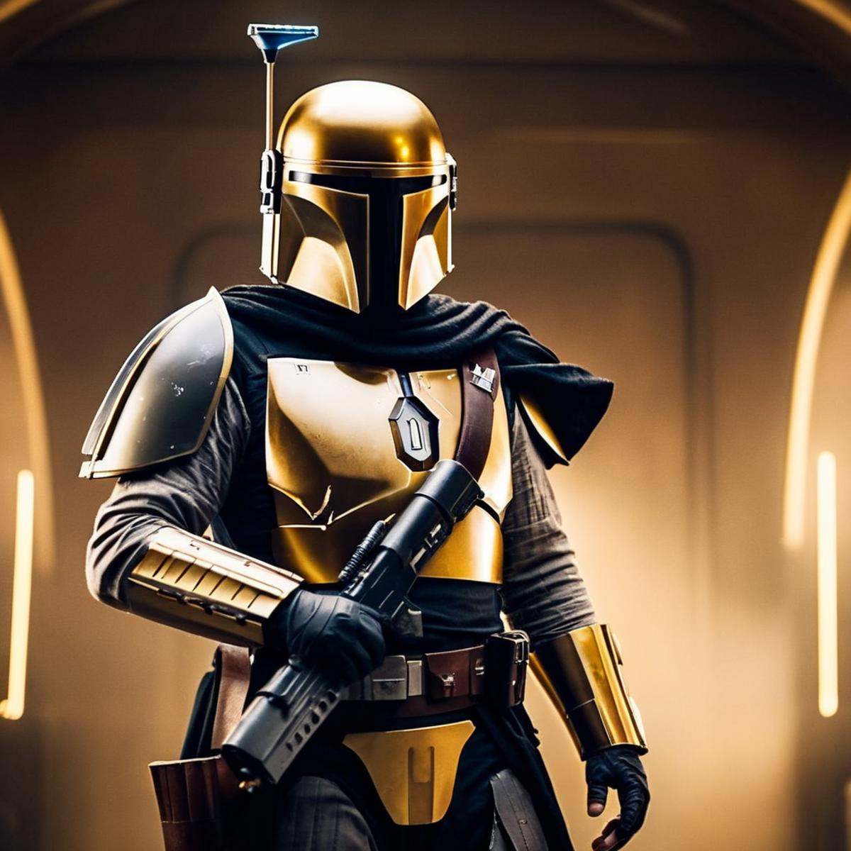 cinematic film still of in star wars universe a man in a golden helmet holding a weapon Mandalorian style,  shallow depth...