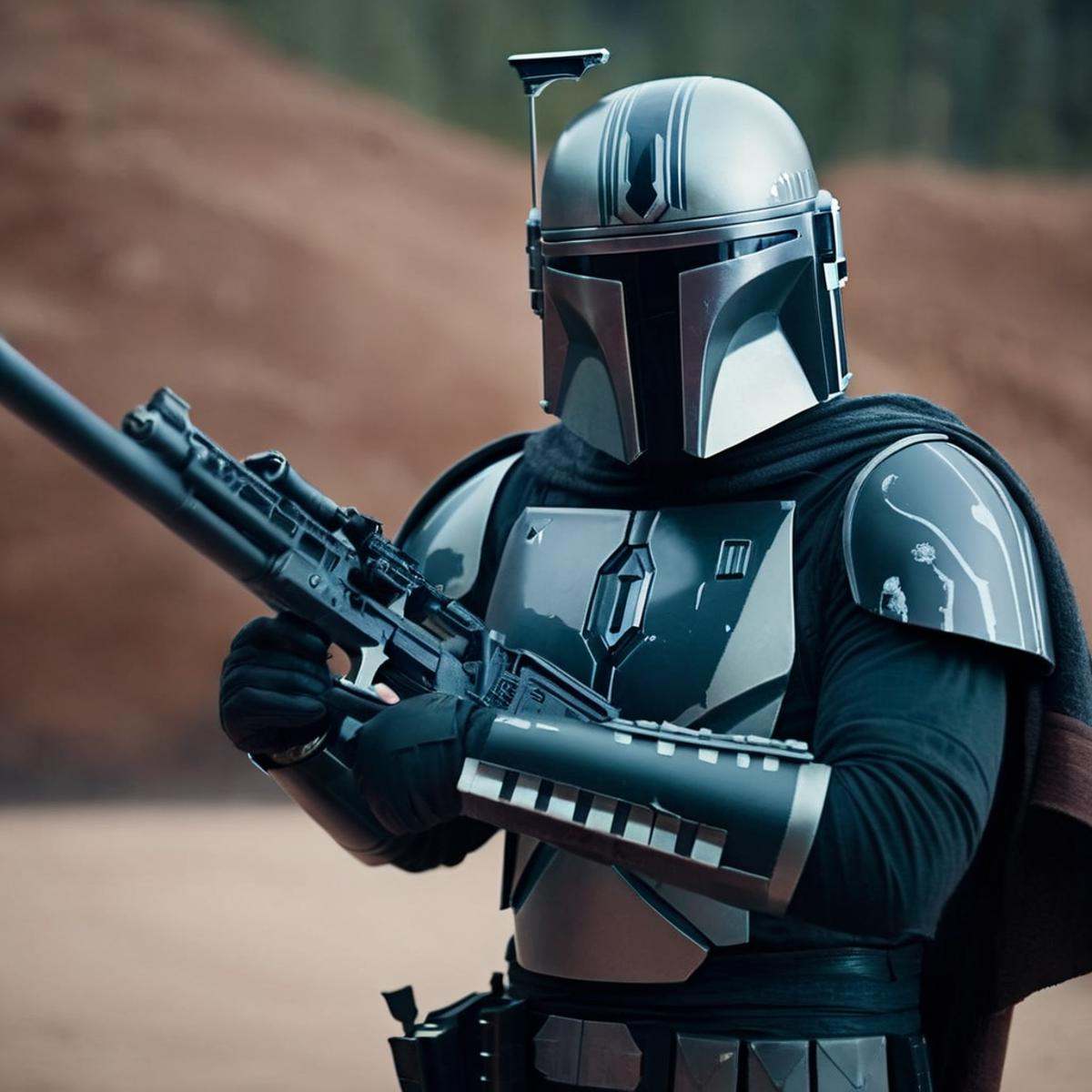 cinematic film still of in star wars universe a man in a black grey helmet holding a rifle Mandalorian style,  shallow dep...