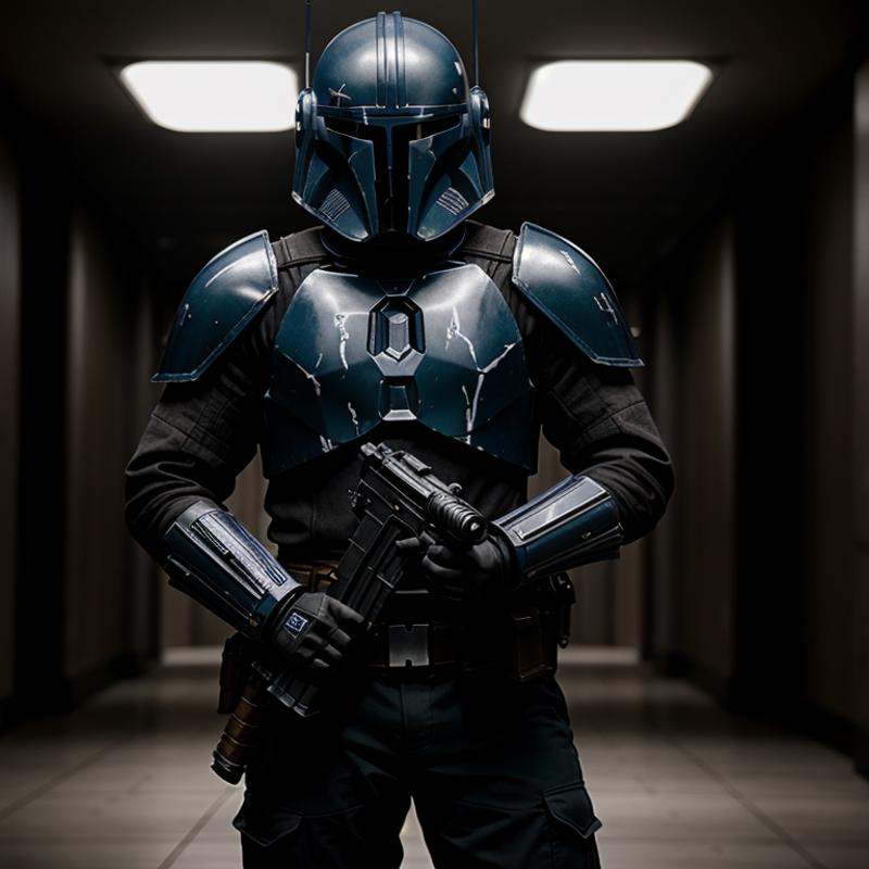 cinematic film still of in star wars universe a man in a blue grey helmet holding a gun Mandalorian style,  shallow depth...