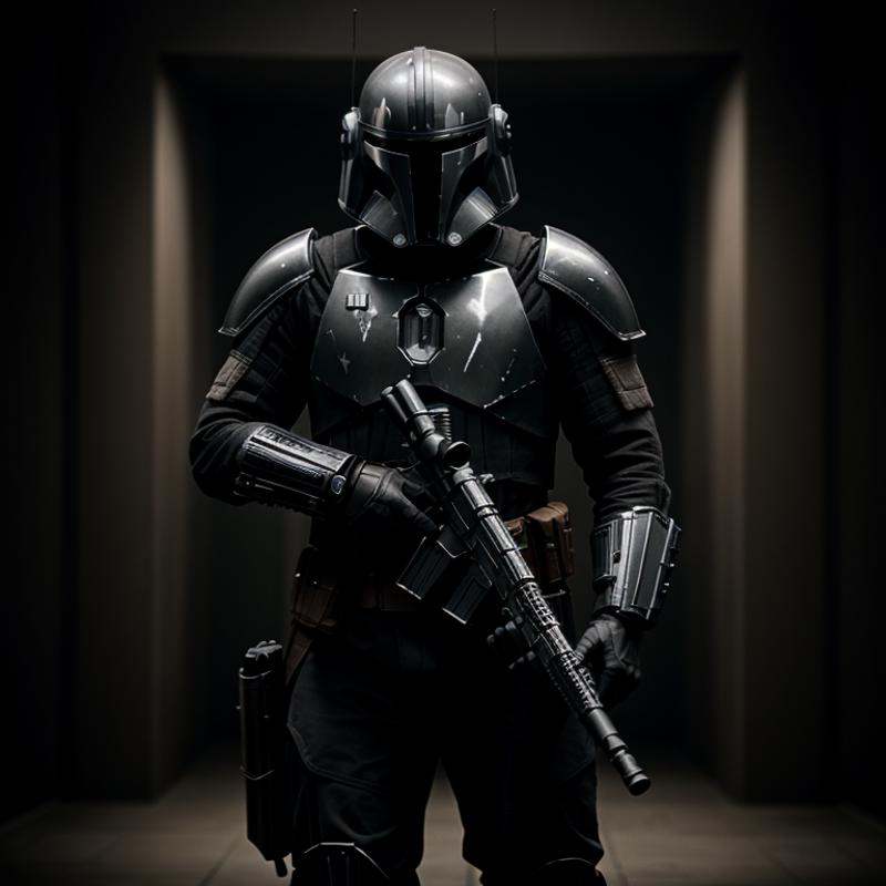 cinematic film still of in star wars universe a man in a black grey helmet holding a rifle Mandalorian style,  shallow dep...