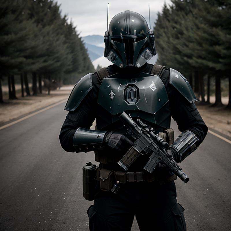 cinematic film still of in star wars universe a man in a tactical military helmet modern warfare and uniform holding a rif...
