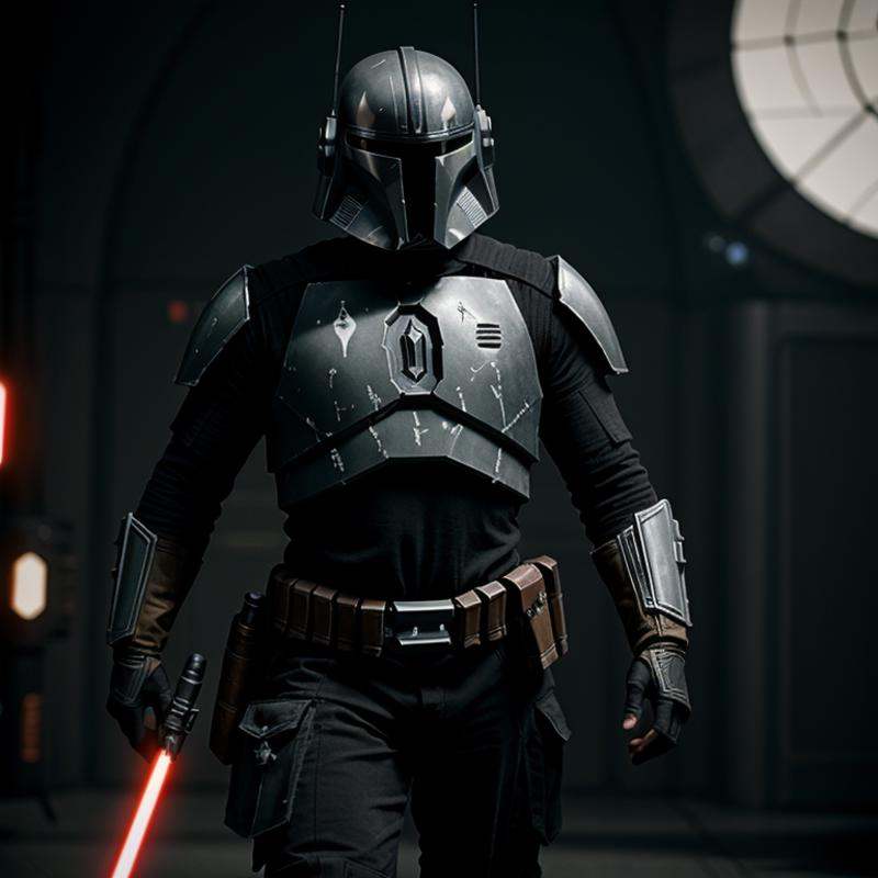 cinematic film still of in star wars universe a man in a star wars rusty grey costume holding a gun Mandalorian style,  sh...