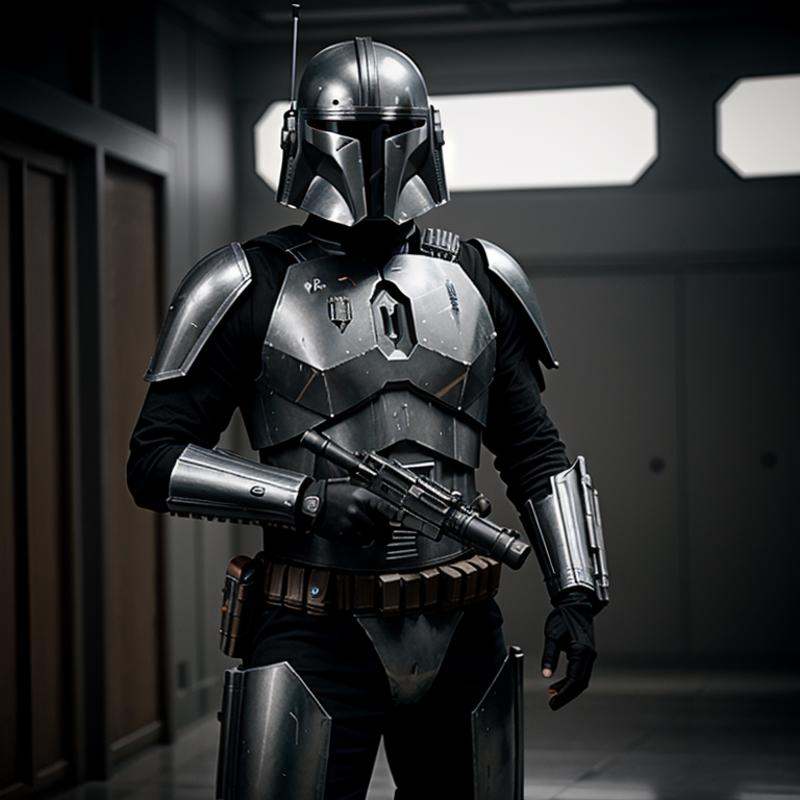 cinematic film still of in star wars universe a man in a metallic rusty grey boba suit holding a gun Mandalorian style,  s...