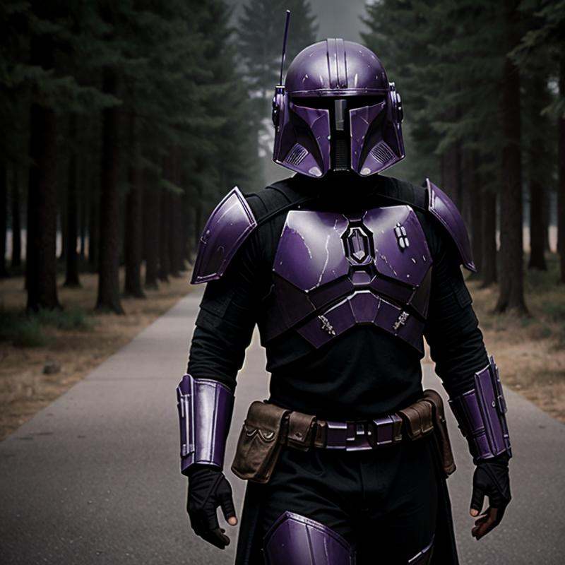 cinematic film still of in star wars universe a man in a purple outfit and a helmet on Mandalorian style,  shallow depth o...