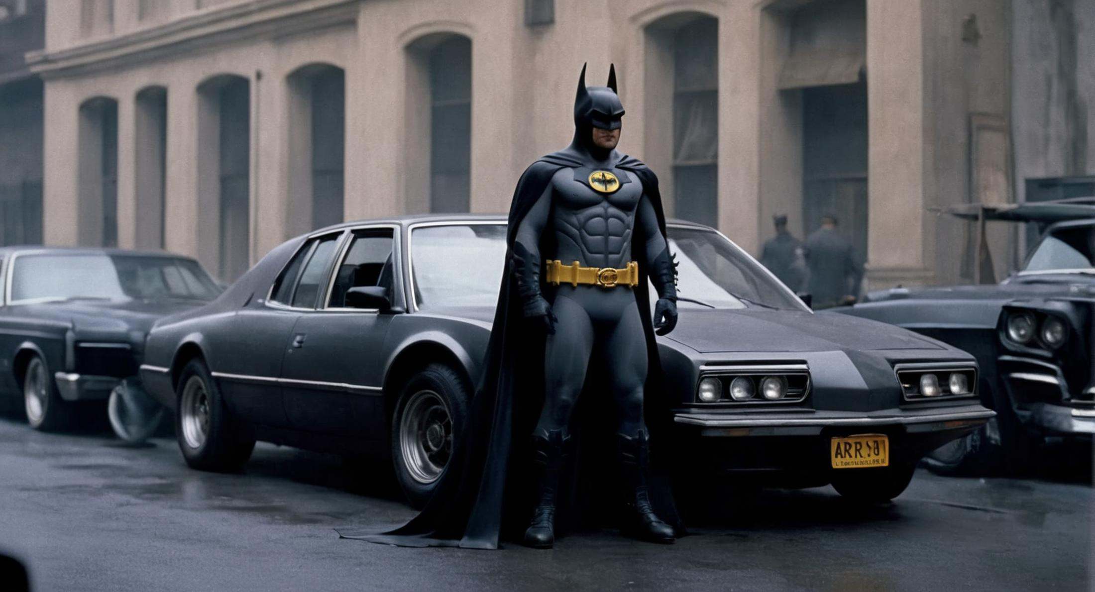 concept art of Cinematic Film stock footage in (arri alexa style) Kodak film print,  batman 1989 a man in a batman costume...