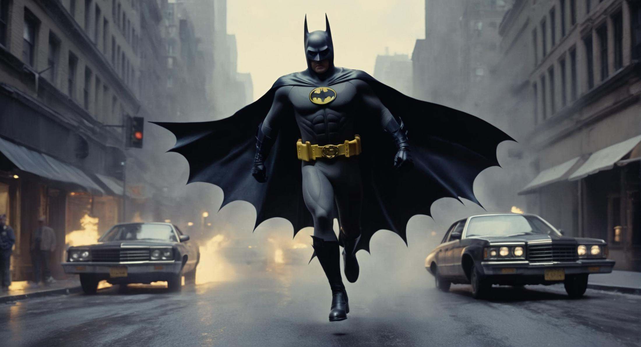 concept art of Cinematic Film stock footage in (arri alexa style) Kodak film print,  batman 1989 a man in a batman costume...