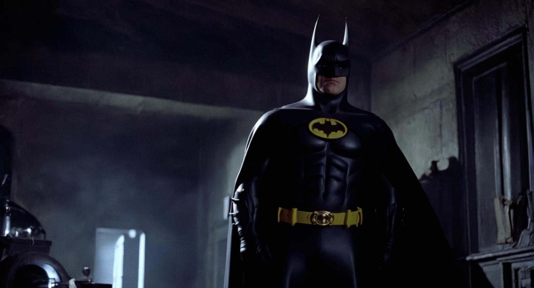 comic book art of Cinematic Film stock footage in (arri alexa style) Kodak film print,  batman 1989 a batman costume is sh...
