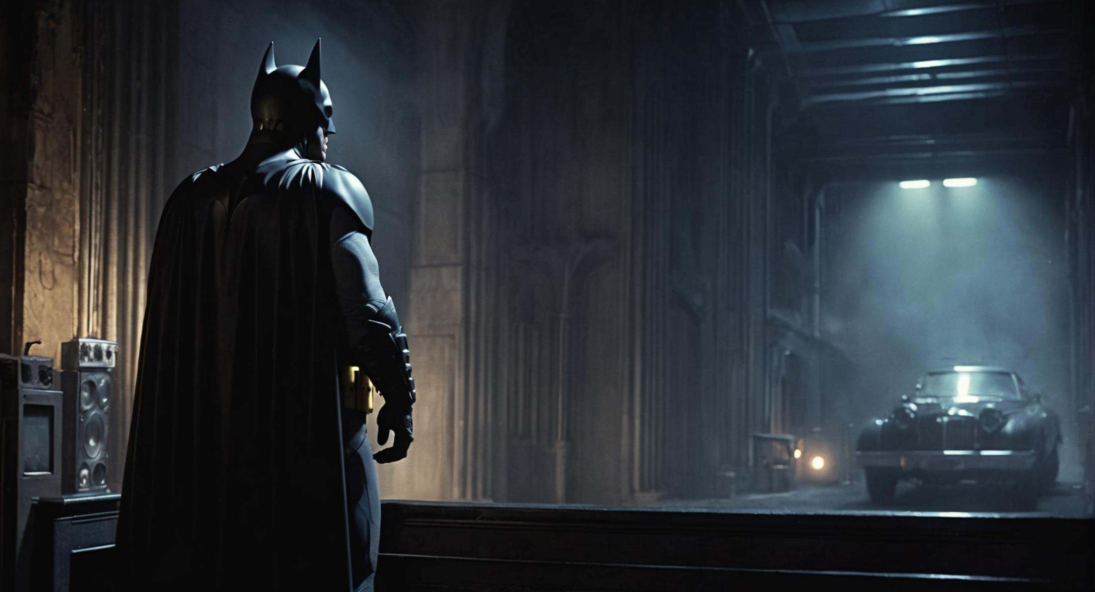 concept art of Cinematic Film stock footage in (arri alexa style) Kodak film print,  batman 1989 a man in a batman costume...