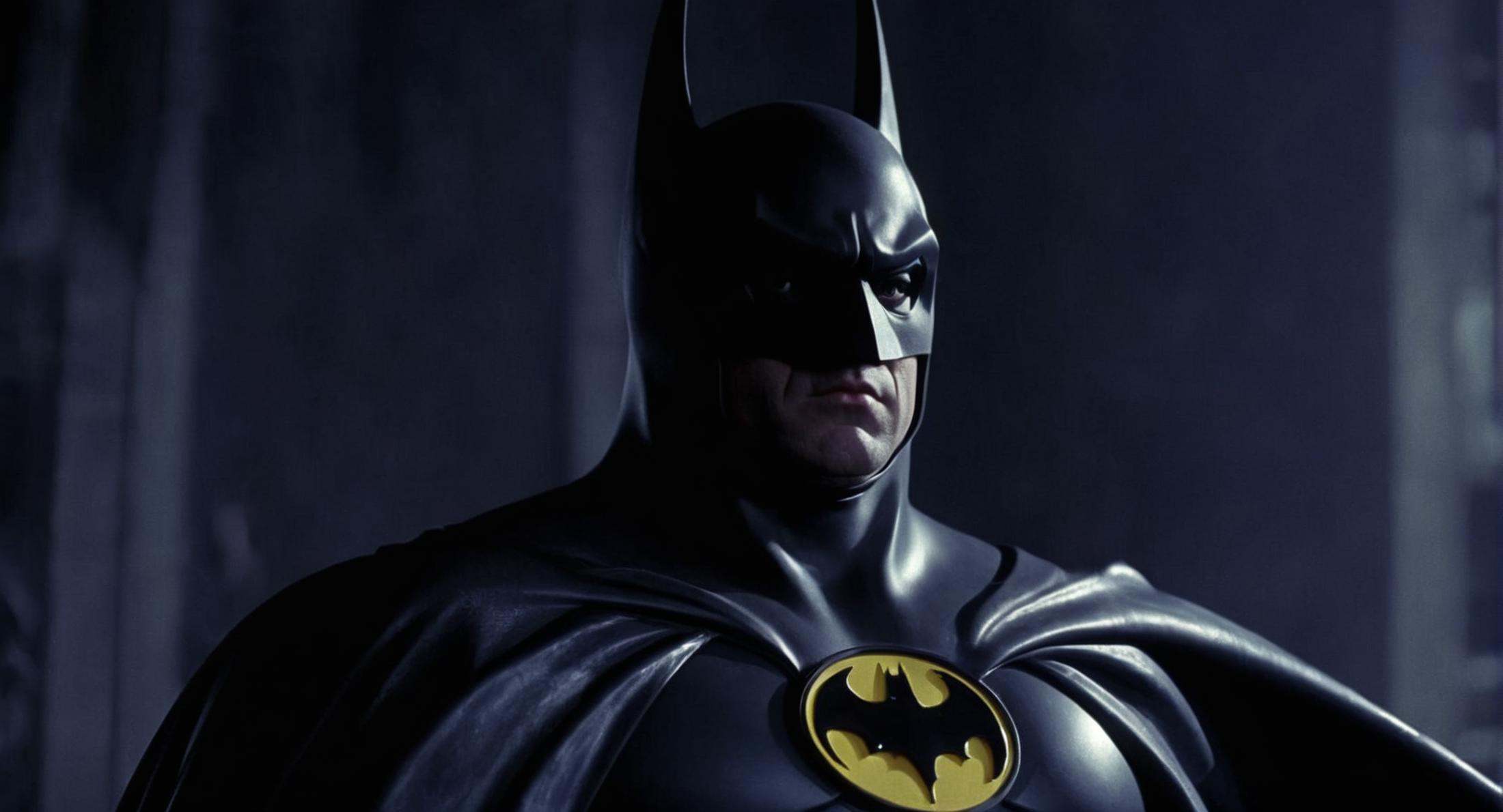 concept art of Cinematic Film stock footage in (arri alexa style) Kodak film print,  batman 1989 a close up of a batman wi...