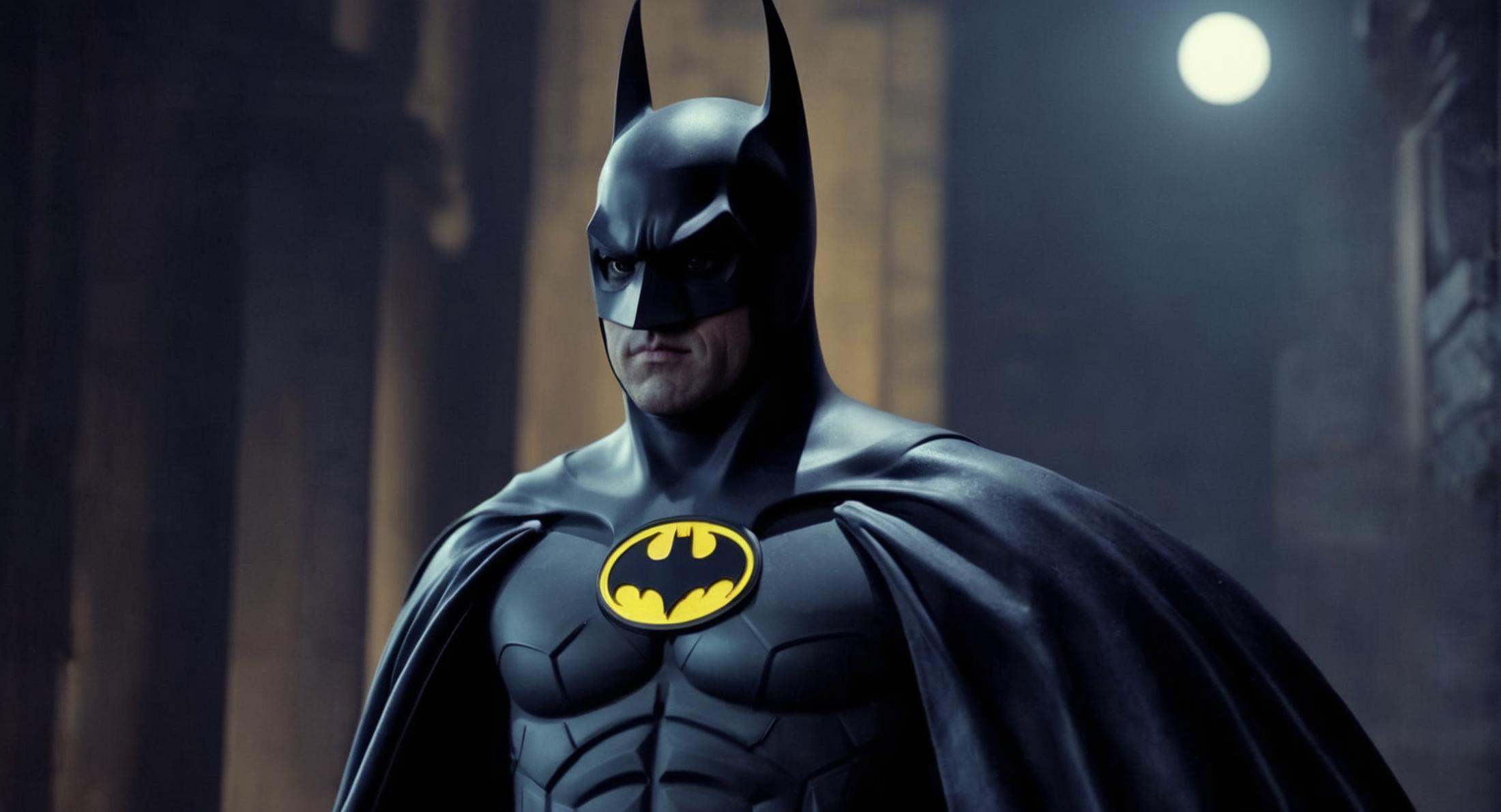 concept art of Cinematic Film stock footage in (arri alexa style) Kodak film print,  batman 1989 a man in a batman costume...